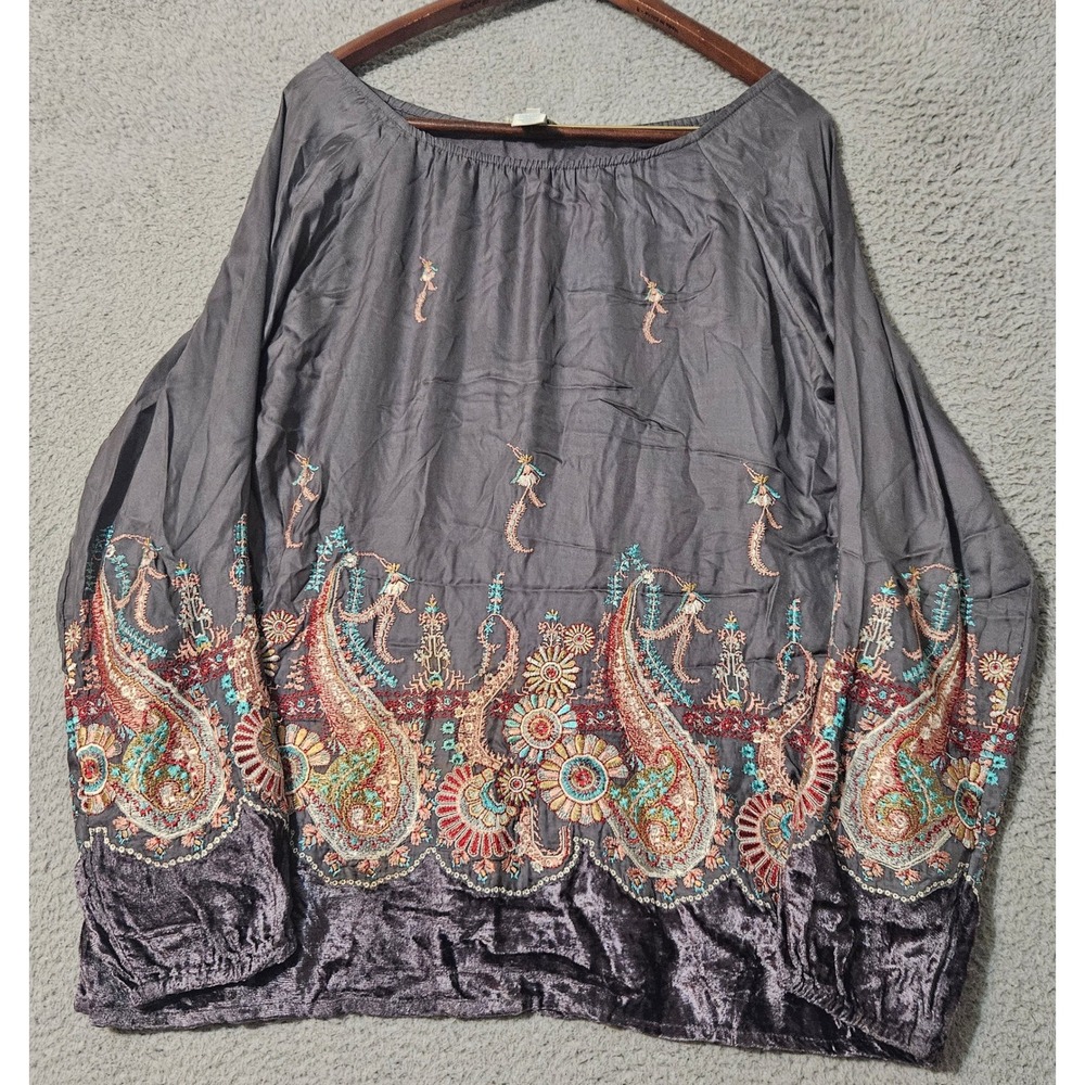 Sundance‎ Gray Velvet Embroidered Top Boho Popover Women's Size Medium